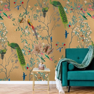 Chinoiserie Vintage Tapete | Exotische Vögel und Blumen | Peel and Stick - Ablösbar | Wanddeko | Art Deco Tapete | Boho Wallpaper