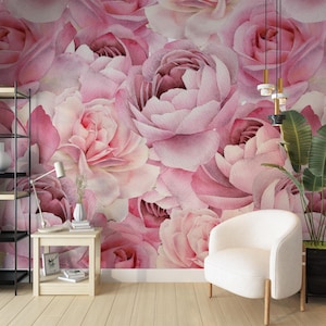 Pink Peonies Wallpaper | Peel and Stick | Floral Wallpaper | Peony Wall Decor | Blossom Wallpaper |  Flower Wallpaper | Pink Room Decor