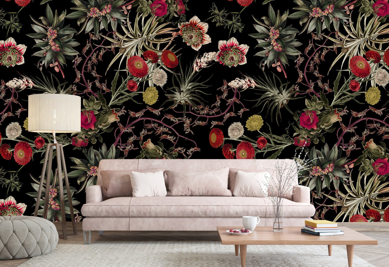 Dark Floral Wallpaper Peel and Stick | Flowers Wall Mural | Art Deco ...