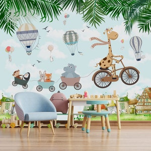 Kinderbehang | Schattige dieren op een fiets in de wolken, kinderen tekenen, kinderkamer behang, kinderkamer behang, ballonnen behang