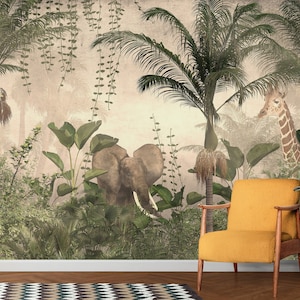 Tropical Wall Mural with Giraffe and Elephant | Exotic Wallpaper, Peel and Stick - Removable| Art Deco Wallpaper | Botanical Wall Mural