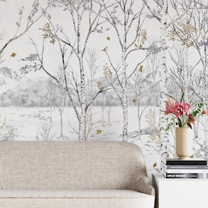 Papier peint forêt de charbon de bois | Papier peint Woodland | Murale Scène de Forêt | Décoration murale au fusain | Arbres Papier peint | Peler et coller | Amovible