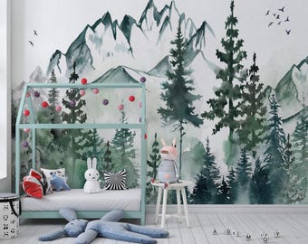Watercolor Mountain Wallpaper | Kid Wallpaper | Peel and Stick | Nursery Wall Mural | Kid Room Decor | Woodland Wallpaper | Forest Wallpaper