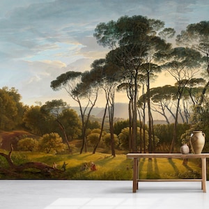 Italian Landscape with Umbrella Pines | Vintage Wall Mural, Peel and Stick - Removable| Art Deco Wallpaper | Landscape Wall Mural