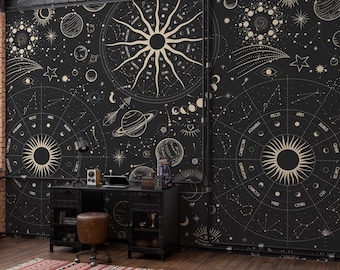 Moon Phases Wallpaper | Zodiac Signs Mural |  Vintage Engraving Style | Room Decor | Peel and Stick | Art Deco Wallpaper  | Wall Decore