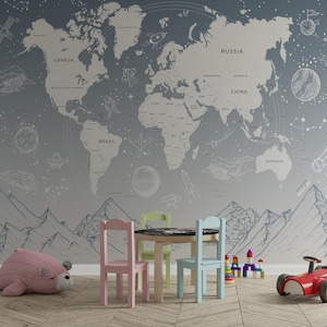 Papier peint pour enfants | Décoration murale pour chambre de bébé | Papier peint carte du monde | Peler et coller | Papier peint amovible | Carte du monde murale | Papier peint pour la maternelle