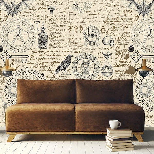 Vintage Style Alchemy Wallpaper |  Hand-drawn Ancient Chemical Symbols - Wall Decor - Medicine and Herbal