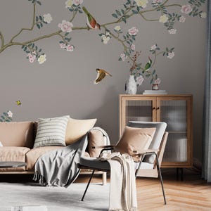 Chinoiserie Tapete |  Schälen und Aufkleben | Art Deco Tapete | Blumentapete | Wandbild | Chinoiserie Wandbild | Vögel auf Ästen
