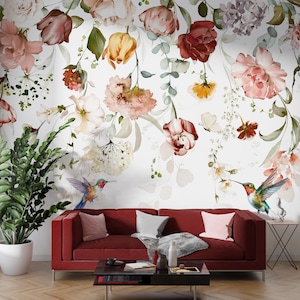 Peonies and Birds | Floral Wallpaper | Peel and Stick | Removable | Floral Mural | Blossom Wallpaper | Spring Floral Wallpaper | Room Decor