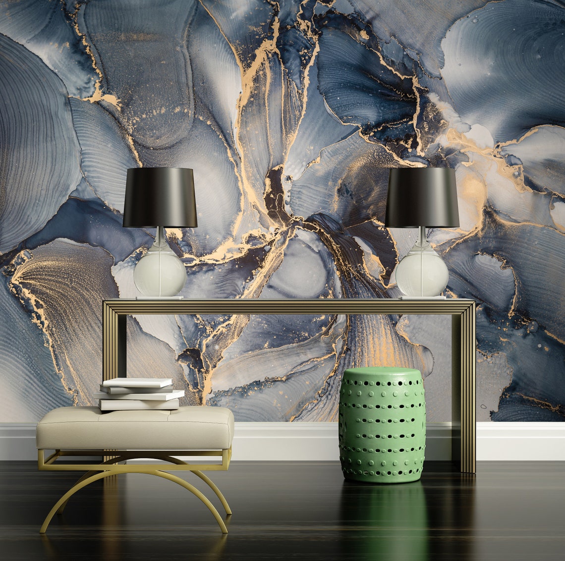 Dark Blue Luxury Wallpaper | Gilded Marble Look Wallpaper| Modern ...