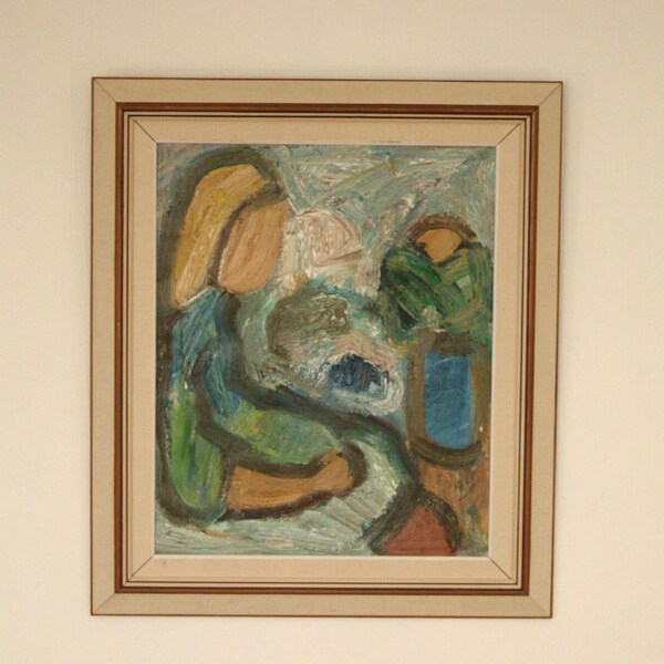 Original svensk olja på duk från mitten av århundradet – “Morgonkaffe” av Gösta Falck – Vintage & inramad – 79 × 68 cm (31,1" × 26,8")