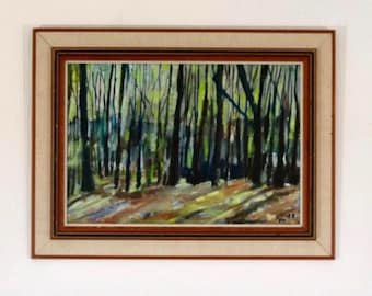 May include: Oil painting of a forest scene with tall trees and dappled sunlight. The artwork is framed in a brown wooden frame with a beige matting. The painting features green, brown, and yellow hues.