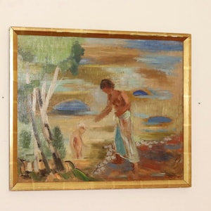 Original Swedish Mid-Century Oil On Panel Painting &quot;Three blue stones&quot; by Kristian Lundstedt --Vintage & Framed