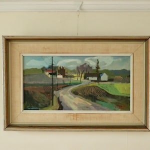 Peinture originale suédoise à l'huile sur panneau « Quartier » par John Börén | vintage et encadré – 58 × 37 cm | 22,8 × 14,6 pouces
