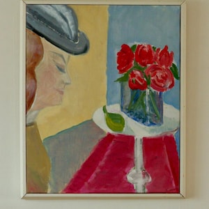 Mid-Century Original Swedish Oil on Canvas &quot;Woman and a Vase &quot; by Björn Gyllenhammar - Vintage & Framed