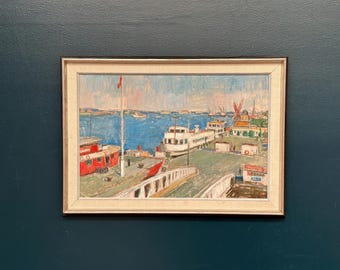 Original Swedish Oil Painting – “Malmö Harbour” by John Hedman – Vintage & Framed – 69.5 × 49.5 cm (27.4" × 19.5")