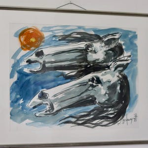 Pintura original de acuarela sobre papel de estilo europeo de los años 70 &quot;Caballos&quot; de Robert Lendvay, enmarcada y esmaltada.