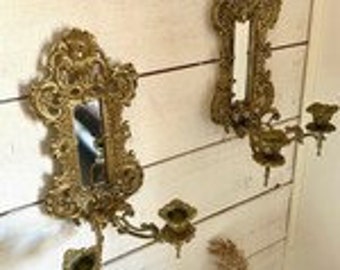 Pair of Antique  Brass Sconces with Mirror