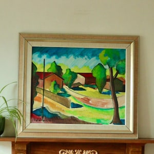 Original Mid-Century Oil on Canvas – “Neighbourhood” by Bror Göransson – Vintage & Framed | 77 x 66 cm (30.3 x 26 in)
