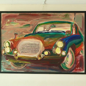 Mid-Century Style Original Oil on Panel &quot;Vintage Car&quot; – Roshim – Framed, 53 x 73 cm / 20.9 x 28.7 in