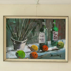 Pair of Mid-Century Original Swedish Oil on Canvas &quot;Still Life, Wine and Fruit  &quot; by Bronstolf. - Vintage & Framed