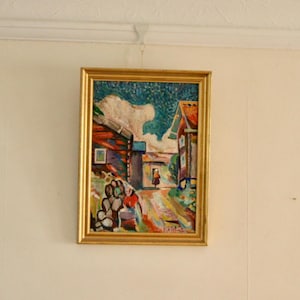 Original Mid-Century Swedish Oil on Panel – “Village Scene” by Sjöberg (attributed) – Vintage & Framed, 38 × 29 cm (15 × 11.4 in)