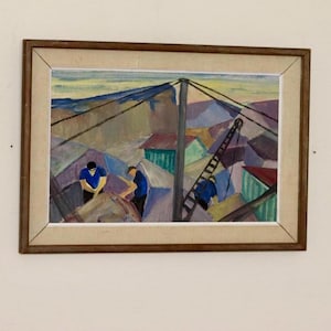 Origineel Zweeds olieverf op paneel "Men at Work" - vintage en ingelijst