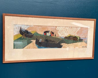 Original Scandinavian Artwork on Panel – Shore by S. Rjellim – Glazed – Signed – Vintage & Framed – 85 × 39 cm (33.5" × 15.4")