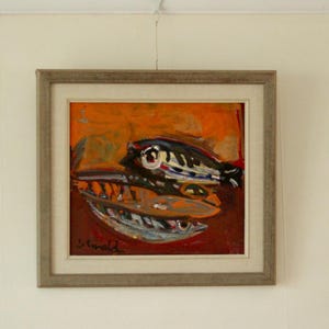 Original Mid-Century Swedish Oil on Panel – “Fish” by Erik Ewald – Framed, 46 x 31 cm (18.1 x 12.2 in)