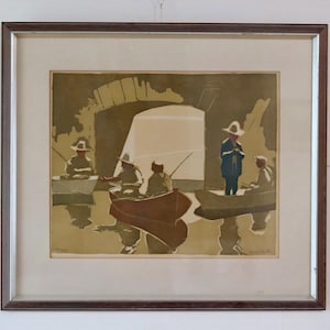 Originele Franse lithografie uit het midden van de 20e eeuw – Fishmen – LOUIS BARTAIN – vintage en ingelijst, 65 x 57 cm / 25,6 x 22,4 in