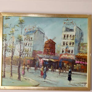 Origineel Frans olieverfschilderij uit het midden van de eeuw "Parijs" van J Manot - vintage en ingelijst