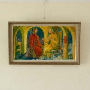 Peinture originale suédoise à l&#39;huile sur panneau « Nicodème » par Herbert Walås, 1965 | vintage et encadré – 48,5 × 29,5 cm | 19,1 × 11,6 pouces