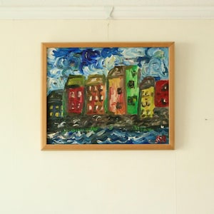 Original Mid-Century Scandinavian Oil on Canvas – “Houses” by Preben Rasmussen – Vintage & Framed, 36 × 45 cm (14.2 × 17.7 in)