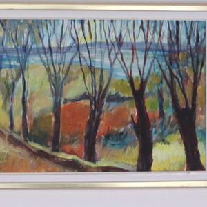 May include: An original oil painting in a gold frame depicts a landscape with trees and a body of water. The artwork features a path, trees with dark trunks, and colorful foliage in shades of orange, green, and yellow.