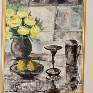 Original Swedish Mid-Century Oil On Canvas Painting&quot; Still Life with Yellow Roses and Fruit &quot; by Olle Rhönnstrand--Vintage & Framed