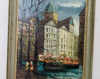* vintage picture ❀ スウェーデンの街並み 風景画 油絵 バレンタイン作 スウェーデン油彩キャンバス絵画「都市と運河