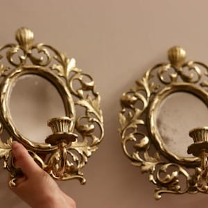 Pair of Antique French Brass Sconces with Mirror