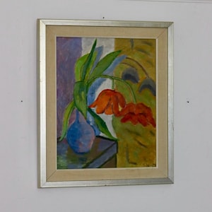 Swedish Mid- Century Original Oil on Canvas Painting &quot;Vase&quot; by SIA 1972--Vintage & Framed