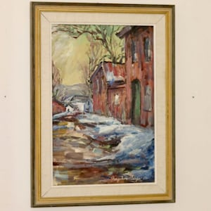 &quot;Schweden Mid-Century Original Öl auf Holz Gemälde &quot;&quot;Auf der anderen Straßenseite&quot;&quot; von CARL E BREGA 1961--Vintage & gerahmt.&quot;