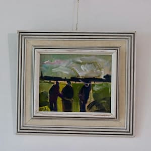 Midden 20e-eeuwse originele Zweedse olieverf op paneel – donkere figuren – LOUIS ZELIG – vintage en ingelijst, 37 x 33 cm / 14,6 x 13 in