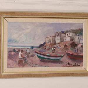 Midden van de eeuw originele Zweedse olieverf op doek "mediterraan" - vintage en ingelijst, 83 x 54 cm / 32,7 x 21,3 in