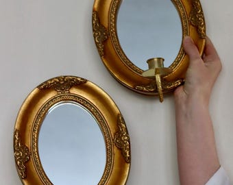 Pair of Vintage Swedish Gilded Wooden Sconces with Mirror
