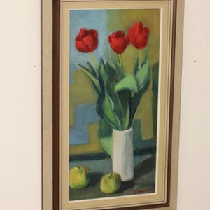 1970&#39;s Original Large Swedish Mid-Century Oil On Board Painting&quot; Still life Tulips &quot; by Hugo Olsson --Vintage & Framed