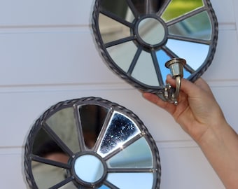 Pair of Vintage Sun Mirror Sconces in Pewter by Klöva Hallar