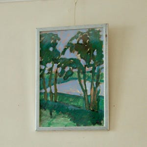 Paysage pastel original – « Arbres » – Märja Aho – émaillé et encadré, 23 x 32 cm (9,1 x 12,6 po.)