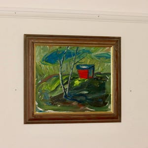 Pintura original de mediados de siglo, "Paisaje", al óleo sobre tabla, vintage y enmarcada.