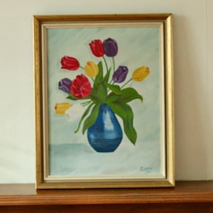 Original Vintage Oil on Panel – &quot;Tulips&quot; Sissie – Framed, 40 x 32 cm (15.7&quot; x 12.6&quot;)