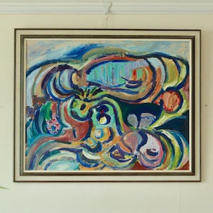 Original Swedish Oil and Pen on Paper – “Abstract Composition” by Lars Hansson (Signed & Dated 1975) – Framed, 56 x 78 cm (22.0 x 30.7 in)