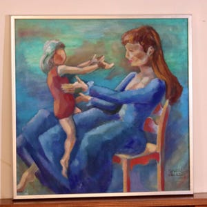 Mid-Century Original Swedish Oil on Canvas &quot;Mother and Child &quot; by Martin Kallerroj Vintage & Framed
