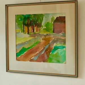Dipinto originale svedese ad acquerello "Scena di campagna" di Bertil Almgren Lycke / Vintage e incorniciato/smaltato – 55 × 48 cm / 21,7 × 18,9 pollici